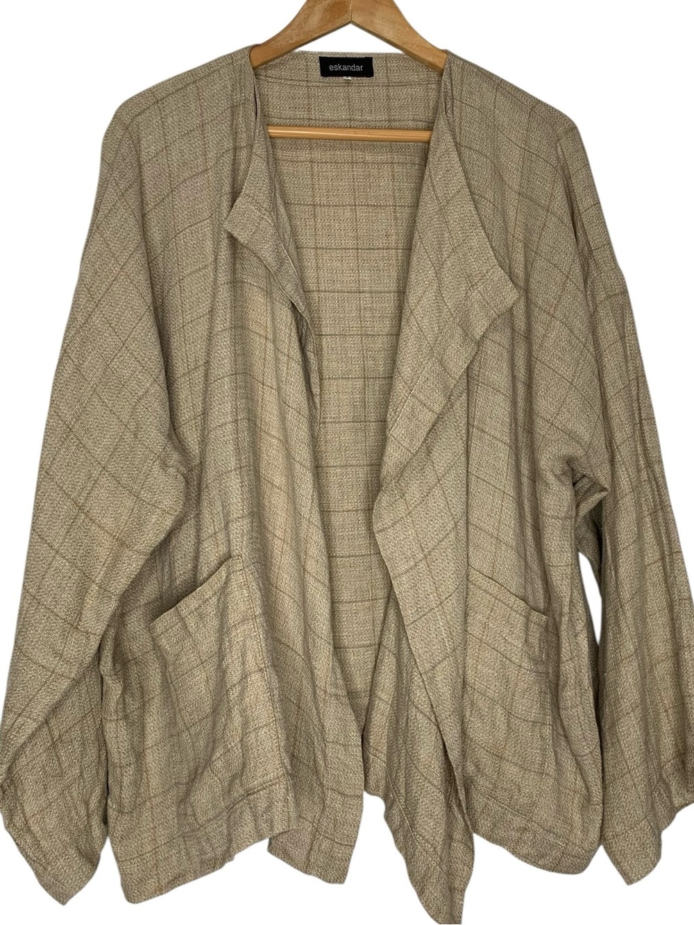 Eskandar Linen Jacket Oversized Beige Textured Grid Weave Open Front Lagenlook